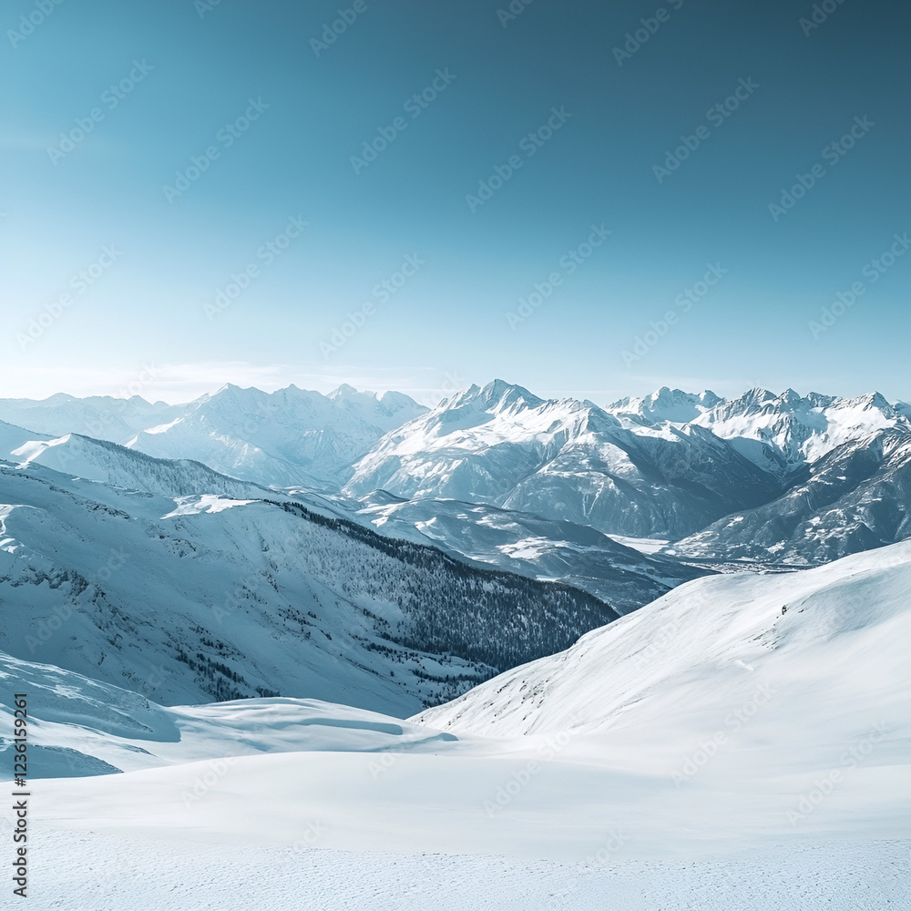 Obraz premium Winter Wonderland: A panoramic view of snow-capped mountains stretching out in all directions, bathed in the soft glow of the winter sun.