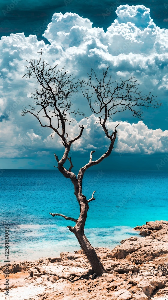 Bare Tree by the Azure Ocean under a Dramatic Sky Bare Tree by the Azure Ocean under a Dramatic Sky
