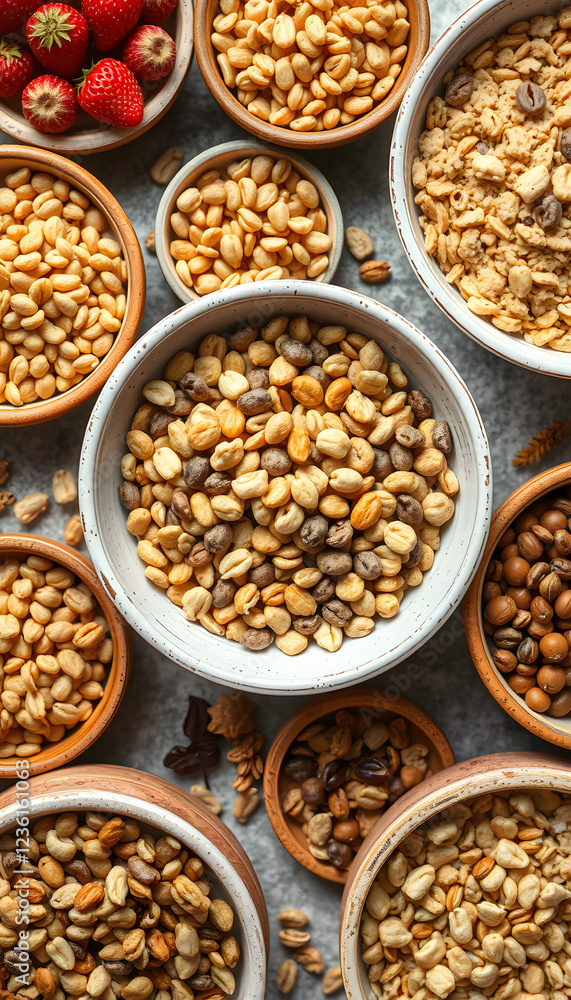 Fototapeta premium Various grain cereals in bowls banner, top view, enhance. isolated with white shades