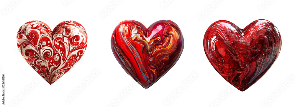 Collection of Swirled and Abstract Liquid Patterned Hearts in Vibrant Red, Perfect for Romantic and Valentine Designs Collection of Swirled and Abstract Liquid Patterned Hearts in Vibrant Red, Perfect for Romantic and Valentine Designs