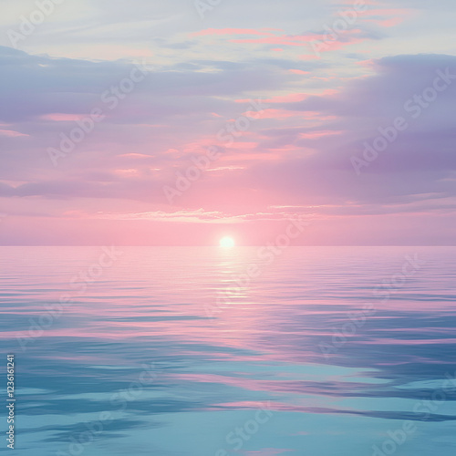 Serene Sunset Seascape:  A breathtakingly calm ocean scene, painted in hues of soft pink and blue, as the sun sets behind a delicate veil of clouds, reflecting a tranquil and mesmerizing landscape.  photo