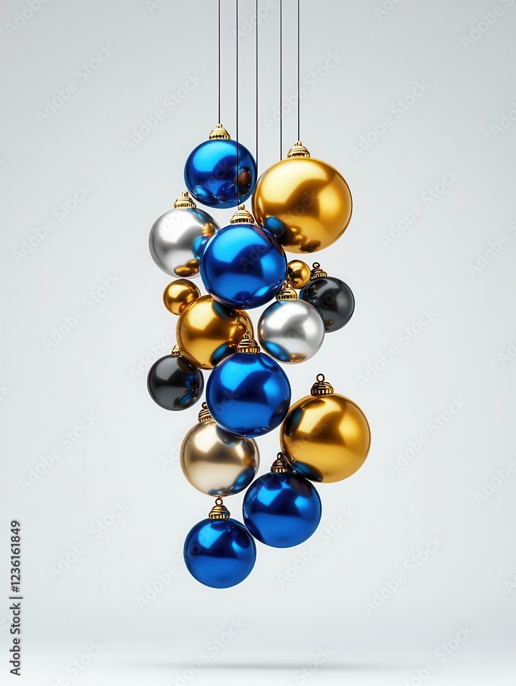 Fototapeta premium Colorful hanging ornaments with a shiny finish on a white isolated background.