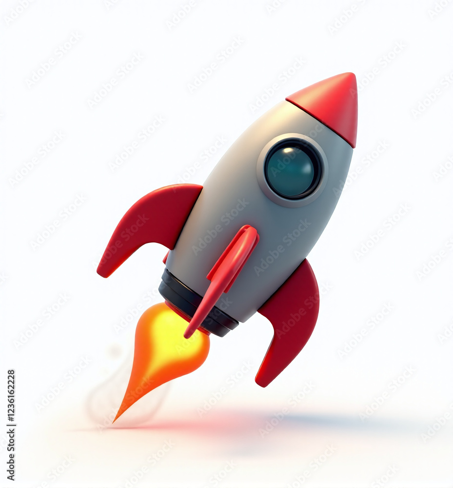 Fun 3D Toy Rocket, Playful and Colorful Space Character on White Background
