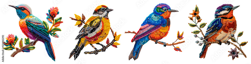 Obraz premium Handcrafted beaded birds perched on branches with vibrant colors and intricate details on a transparent background. Perfect for artistic, decorative, and nature-inspired projects