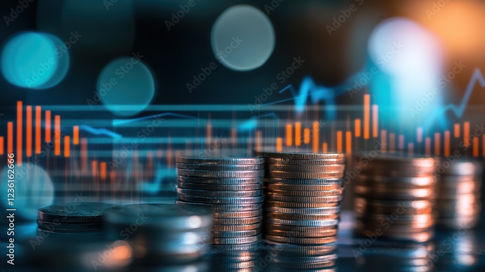 Coins stacked with financial charts and graphs representing market trends, investment strategies, and economic analysis for stock trading and portfolio management. Coins stacked with financial charts and graphs representing market trends, investment strategies, and economic analysis for stock trading and portfolio management.