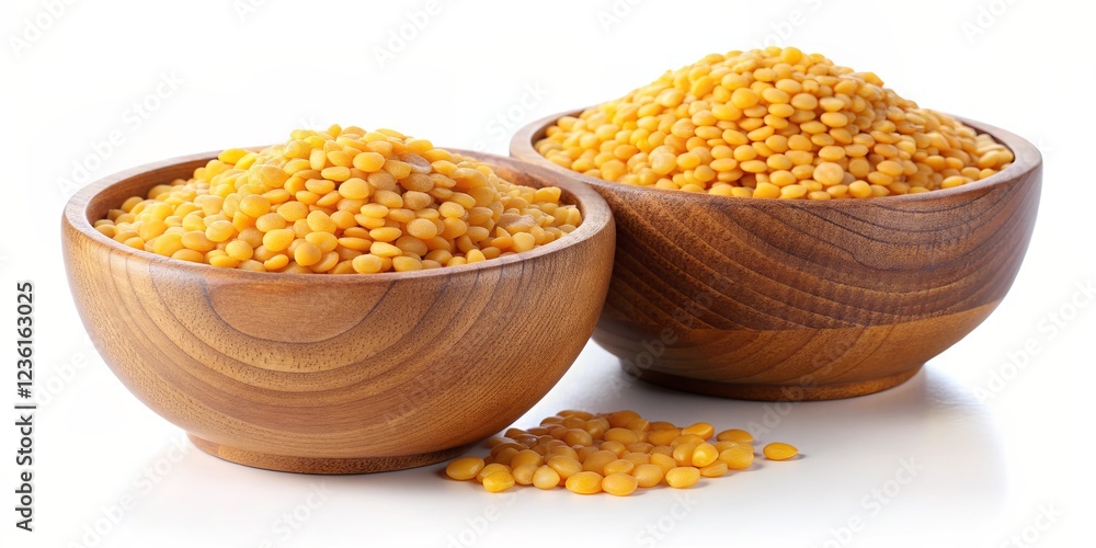 Two Wooden Bowls Filled with Yellow Lentils, White Background , lentils , legume , pulses , grain Two Wooden Bowls Filled with Yellow Lentils, White Background , lentils , legume , pulses , grain