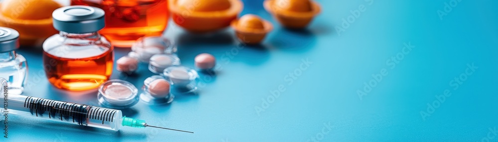 The image features a syringe, vials, and various pills on a blue background, representing medical and pharmaceutical themes. The image features a syringe, vials, and various pills on a blue background, representing medical and pharmaceutical themes.