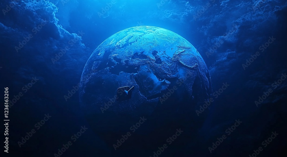 Obraz premium Cybersecurity shield, glowing padlock icon, digital globe, blue hologram, futuristic technology, data protection, network security, abstract background, misty atmosphere, 3D rendering, sci-fi