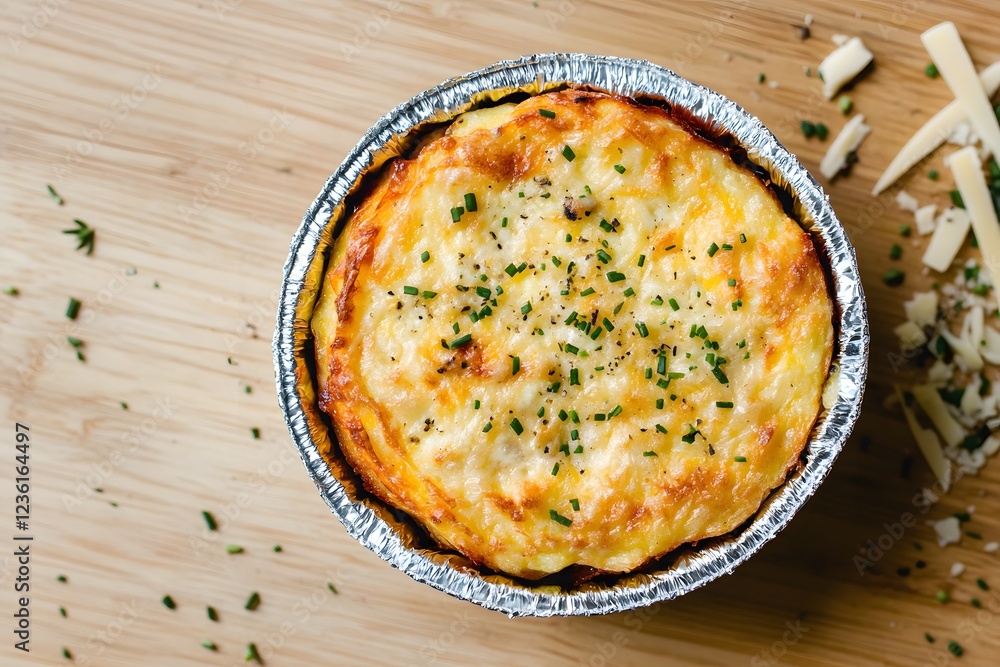 Mini egg casserole with vegetables and cheese, served in a disposable foil dish. Mini egg casserole with vegetables and cheese, served in a disposable foil dish.
