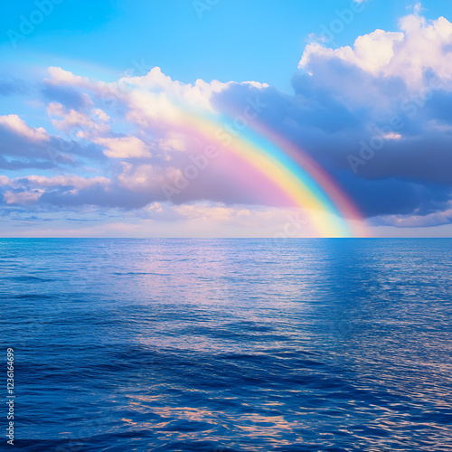 Ocean Rainbow: A vibrant rainbow arches over a calm ocean, its colorful spectrum reflected in the tranquil waters under a dramatic sky.   photo