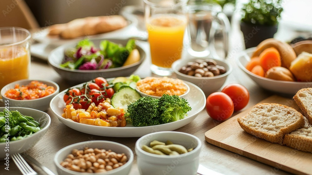 A vibrant spread of healthy foods including salads, fruits, and bread, accompanied by refreshing drinks, perfect for a nutritious meal. A vibrant spread of healthy foods including salads, fruits, and bread, accompanied by refreshing drinks, perfect for a nutritious meal.