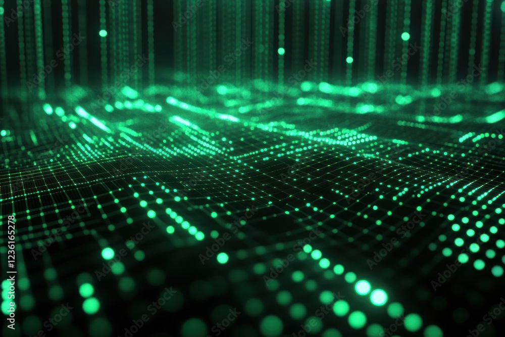 Abstract digital landscape with glowing green data points Abstract digital landscape with glowing green data points