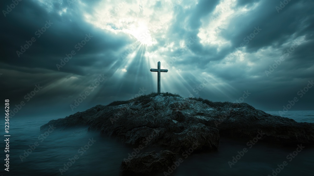 Obraz premium Cross on rocky island with dramatic clouds and sunlight rays breaking through, symbolizing hope, faith, and spirituality in a serene ocean landscape.