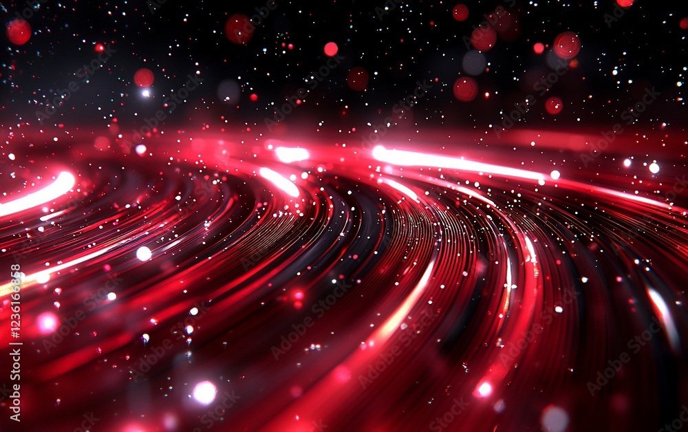 Fototapeta premium Abstract red glowing lines and bokeh lights swirl.