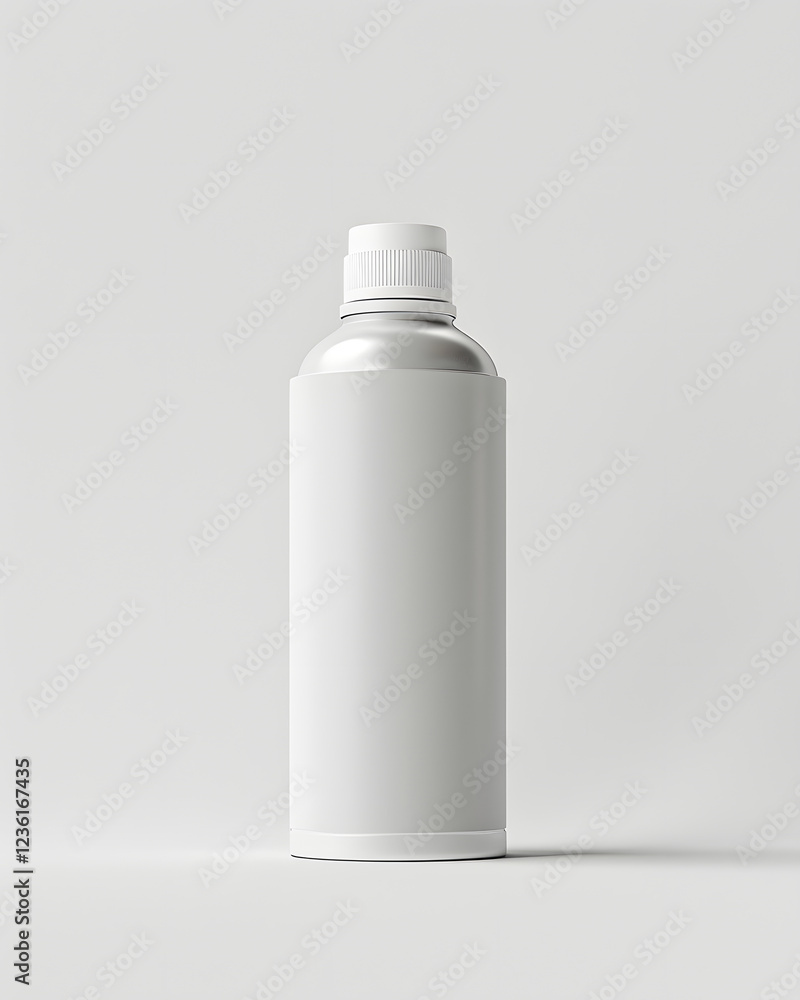 Empty white spray bottle with a silver cap placed on a light gray surface in a minimalistic setting Empty white spray bottle with a silver cap placed on a light gray surface in a minimalistic setting