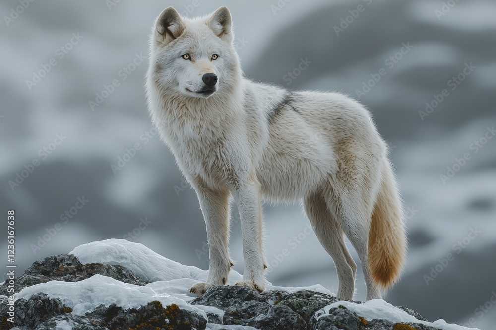 Obraz premium Majestic Arctic Wolf Stands on Snowy Rocks
