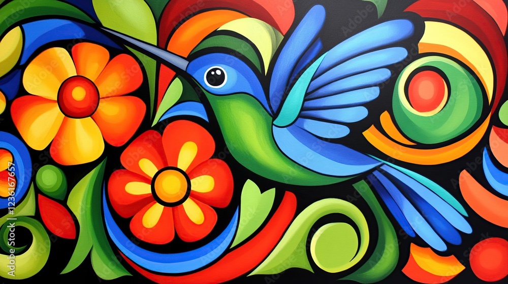 Obraz premium Vibrant hummingbird floral painting, Mexico, background swirls, home decor