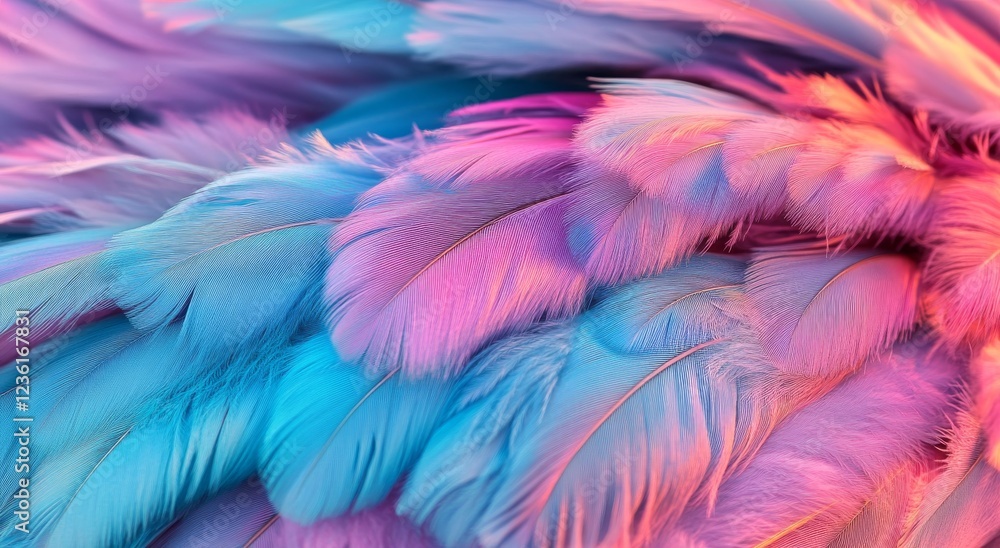 Obraz premium A soft and fluffy close-up of an ethereal feather displaying vibrant pink and blue gradient hues, surrounded by delicate wispy details, against an abstract background of pastel sky colors, shot in