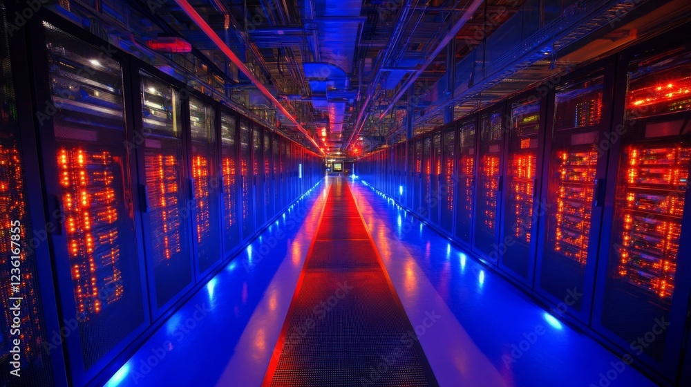 Futuristic Data Center with Glowing Servers and Red and Blue Lighting Futuristic Data Center with Glowing Servers and Red and Blue Lighting