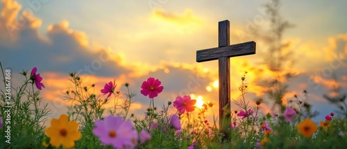 Cross, vibrant flowers and a sunset creating a serene landscape for spiritual reflection, faith, and hope in natures beauty and tranquility scene.