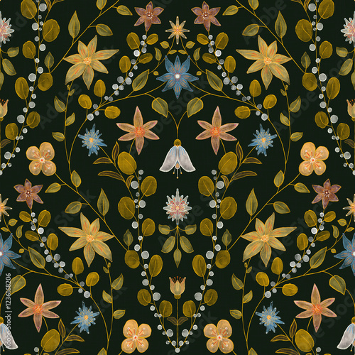 Whimsy garden- a hand painted watercolor floral pattern on dark background
