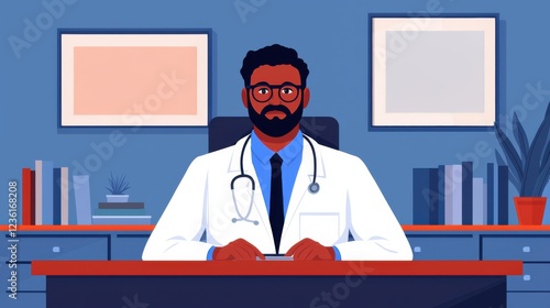 Professional Doctor Sitting at Desk with Stethoscope Ready to Consult Patients in a Calm and Inviting Office Environment