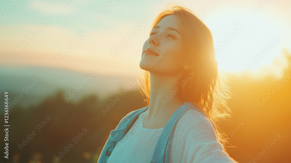 Serene Young Caucasian Female Enjoying Sunset in Nature Serene Young Caucasian Female Enjoying Sunset in Nature