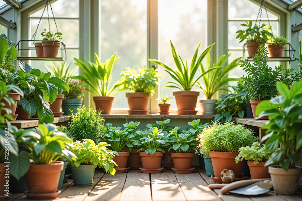 Lush arrangement of diverse potted houseplants basking in soft natural sunlight inside a greenhouse, welcoming plant nursery concept Lush arrangement of diverse potted houseplants basking in soft natural sunlight inside a greenhouse, welcoming plant nursery concept