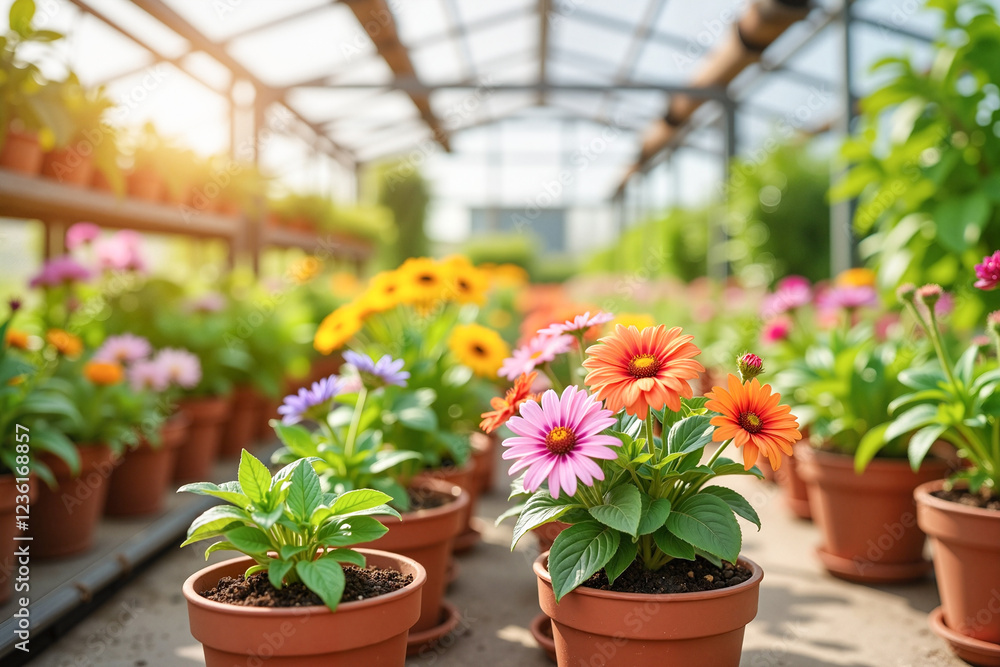 Vibrant flowering plants in clay pots under diffused daylight in a sunny greenhouse, Vibrant flowering plants in clay pots under diffused daylight in a sunny greenhouse,