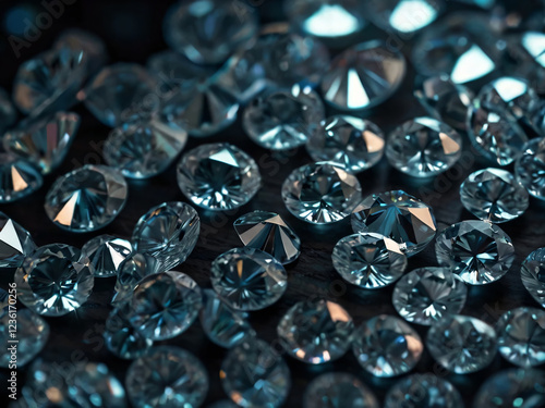 Multiple cut diamonds sparkle on a reflective white surface.