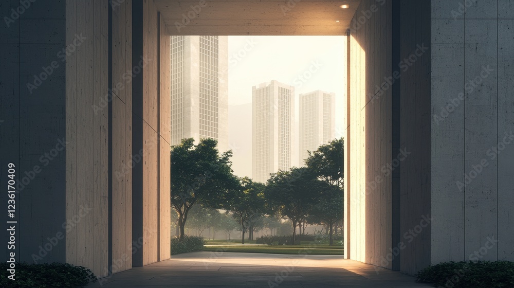 Obraz premium Modern Urban Architecture with Green Space and Cityscape View