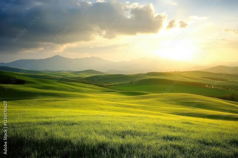 Obraz premium ' Sunset over rolling green hills landscape with mountains in the background.