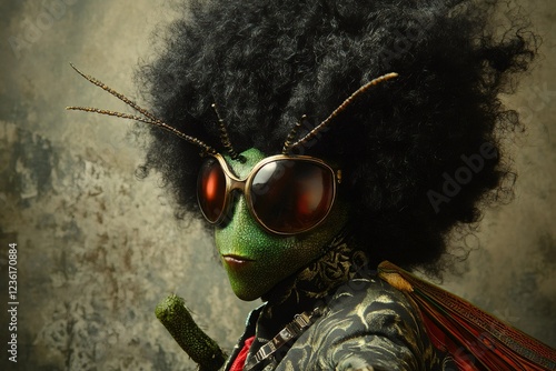 Close up of a grasshopper wearing an afro wig, sunglasses, and elegant clothes, holding a katana, creating a unique and stylish entomological portrait photo