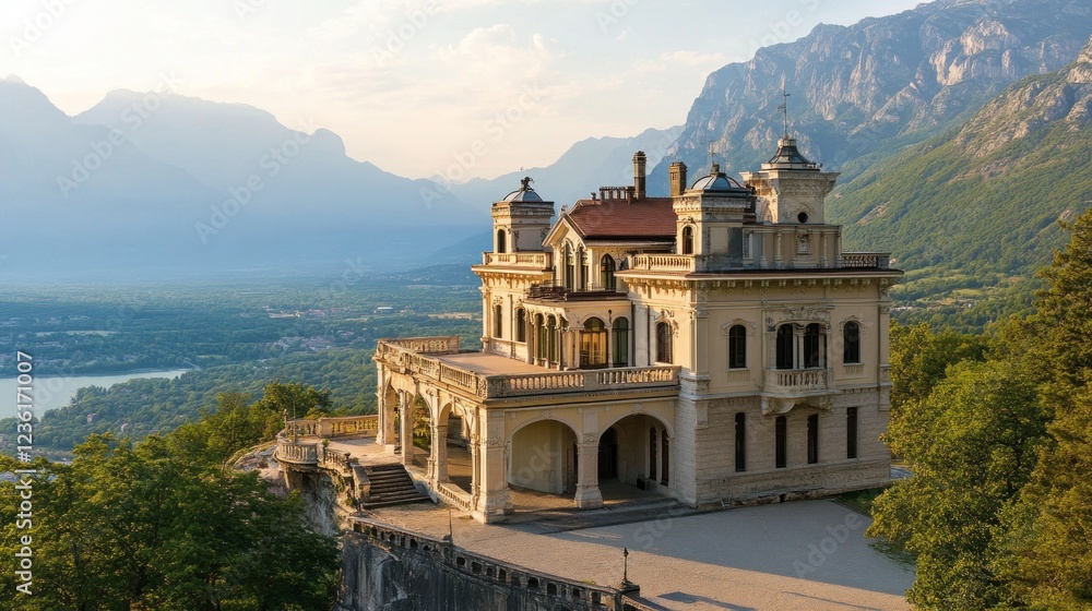 Fototapeta premium Majestic Villa on Mountaintop Overlooking a Tranquil Lake and Breathtaking Alps