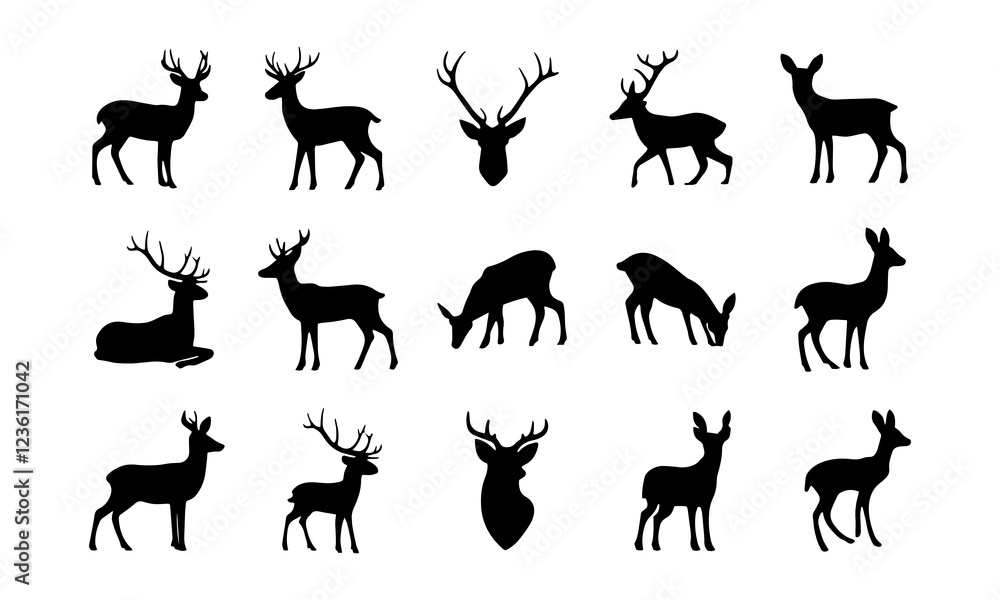 Fototapeta premium Deer Silhouettes Vector Collection, featuring 24 unique poses of deer, perfect for nature-themed designs, hunting graphics, and wildlife illustrations. deer in various activities