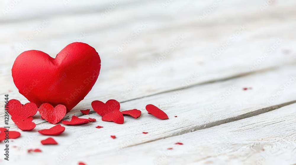 Fototapeta premium Red decorative heart with small paper hearts on a white wooden table during daytime.