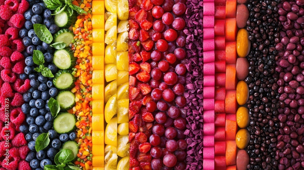 Vibrant Array of Fresh Fruits and Vegetables in Colorful Display Vibrant Array of Fresh Fruits and Vegetables in Colorful Display