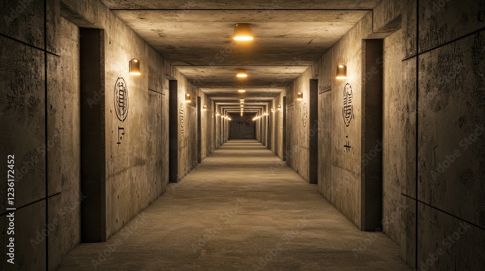 Dimly Lit Concrete Corridor with Wall Sconces and Mysterious Artwork Dimly Lit Concrete Corridor with Wall Sconces and Mysterious Artwork