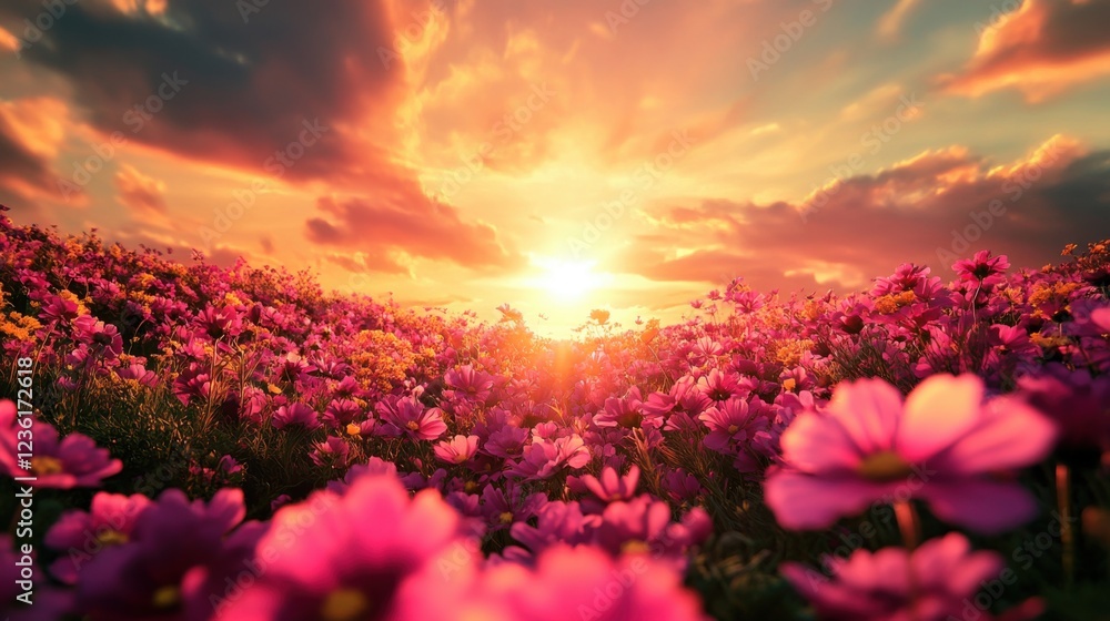 Fototapeta premium Vibrant Flower Field Under Majestic Sunset with Colorful Blooms and Warm Sky