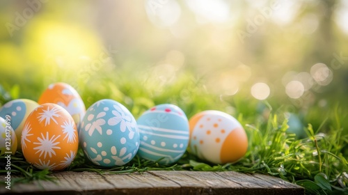 Easter eggs arranged on green grass with sunlight filtering through trees, symbolizing spring celebration, family traditions and festive decoration ideas. photo