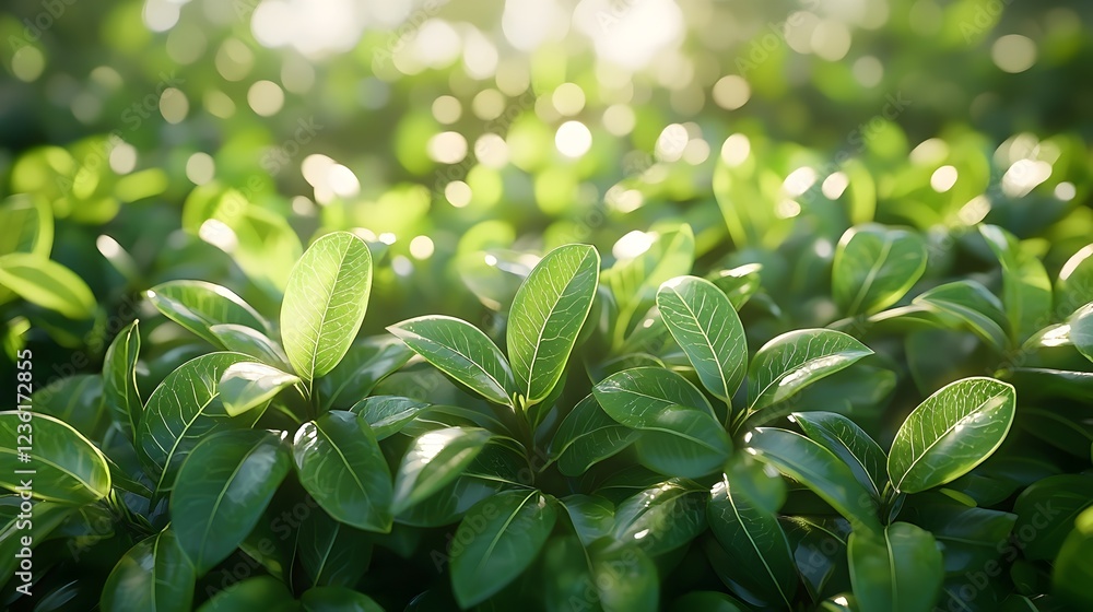 Obraz premium A lush, green landscape of healthy leaves glistening in the sunlight, creating a vibrant atmosphere that evokes a sense of tranquility and nature's beauty.