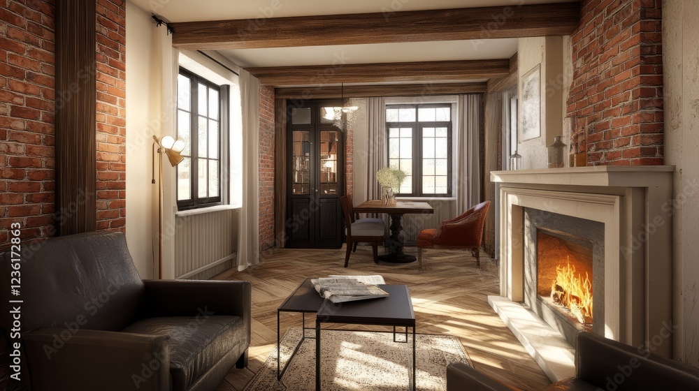 Fototapeta premium Cozy Living Room With A Fireplace, Brick Walls, And Leather Furniture. Sunlight Streams Through Windows, Creating A Warm And Inviting Atmosphere.