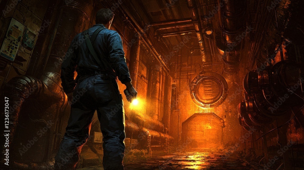 Fototapeta premium Mysterious Industrial Environment with Worker and Flashlight