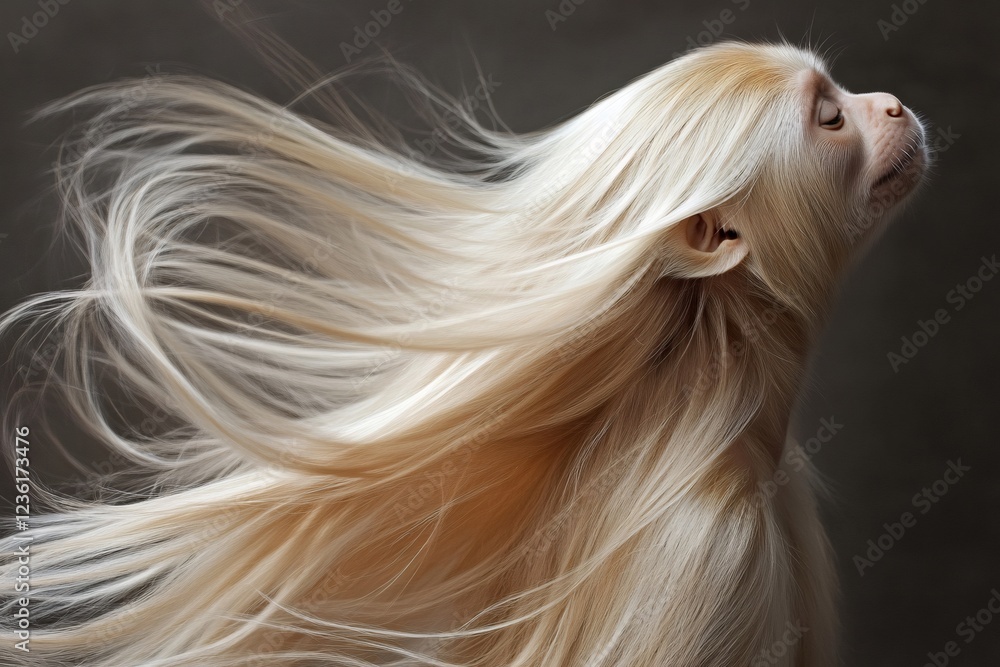 Naklejka premium Blond capuchin monkey with long, flowing hair dancing in the wind against a dark background, showcasing elegance and wild beauty