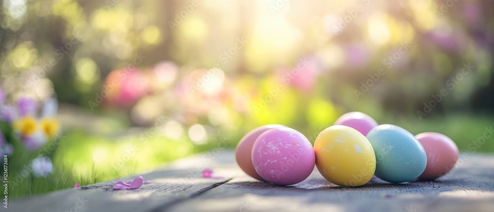 Obraz premium Easter eggs on wooden table in sunny garden with blurred flowers, pastel colors, spring celebration, traditions, family gatherings, and holiday decorations.