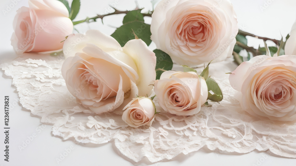 Elegant Arrangement of Soft Pink Roses on Delicate Lace Background for Romantic Decor Elegant Arrangement of Soft Pink Roses on Delicate Lace Background for Romantic Decor
