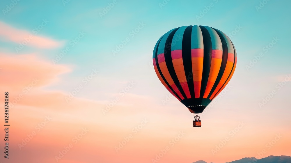 Obraz premium Colorful Hot Air Balloon Soaring At Sunset