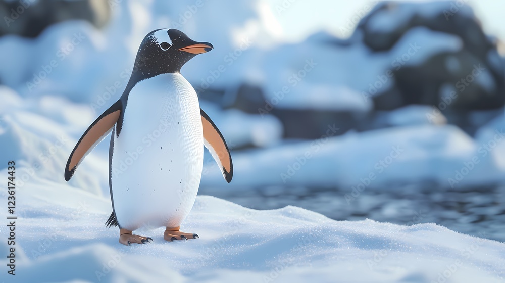 Obraz premium Cute Gentoo Penguin Standing on Snowy Landscape in Antarctica