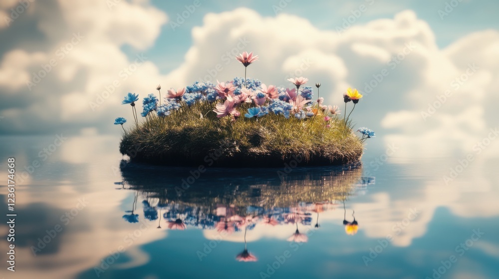 Obraz premium Vibrant Flower Island Surrounded by Calm Water Under Clear Blue Sky with Fluffy Clouds
