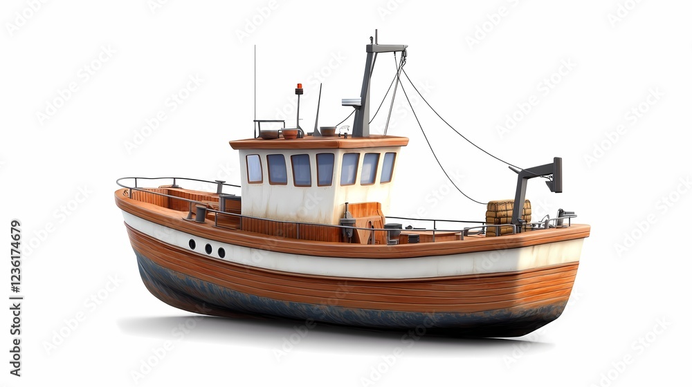 Realistic Wooden Fishing Boat with Detailed Design and Textures Realistic Wooden Fishing Boat with Detailed Design and Textures